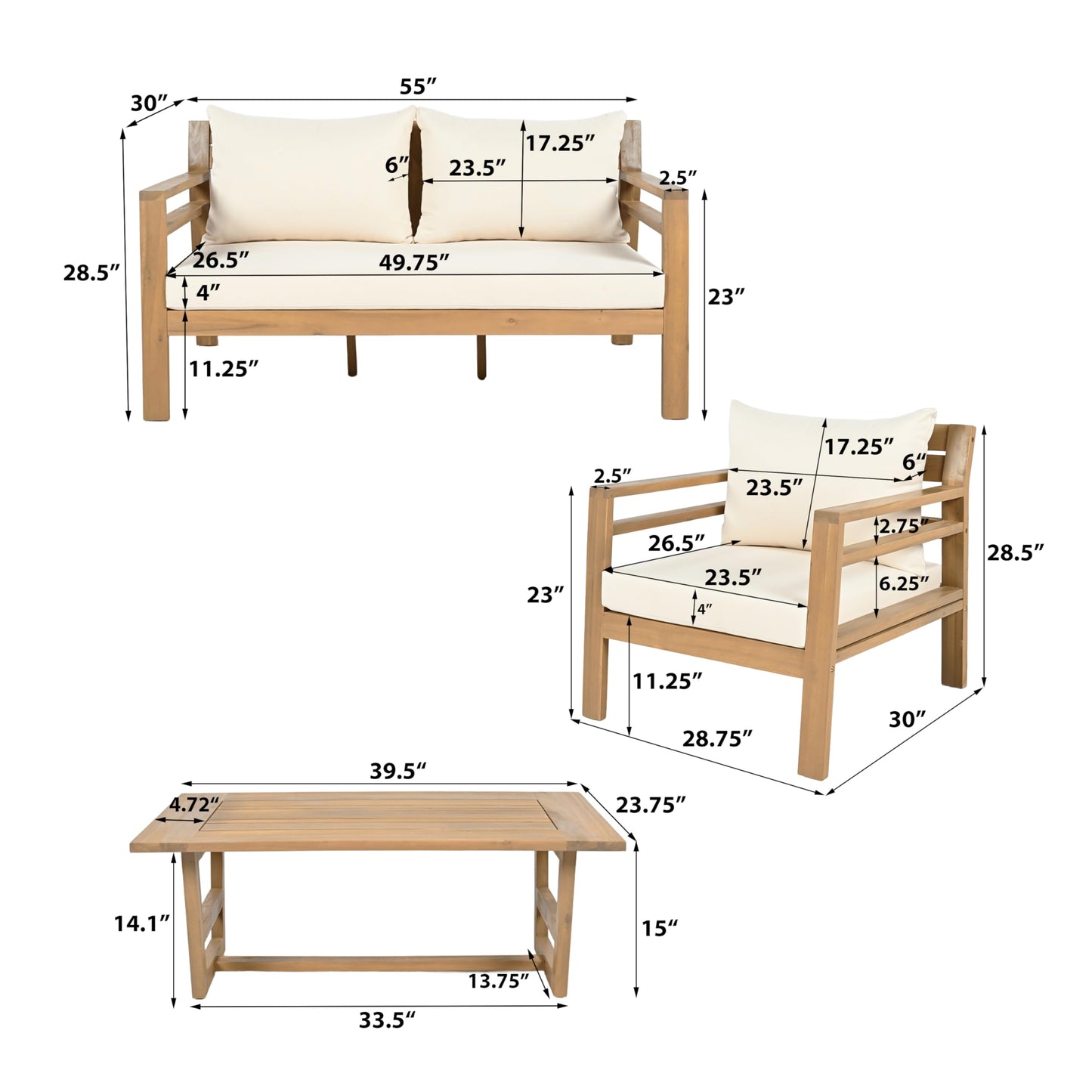 Christopher Knight Home Jamaia 4 Pieces Acacia Furniture Set, Patio Conversation Chat 2-Seat Sofa Set with Coffee Table, Outdoor Loveseat Chair Set for Garden Porch Backyard Balcony, Light Teak+Beige