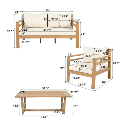 Christopher Knight Home Jamaia 4 Pieces Acacia Furniture Set, Patio Conversation Chat 2-Seat Sofa Set with Coffee Table, Outdoor Loveseat Chair Set for Garden Porch Backyard Balcony, Light Teak+Beige