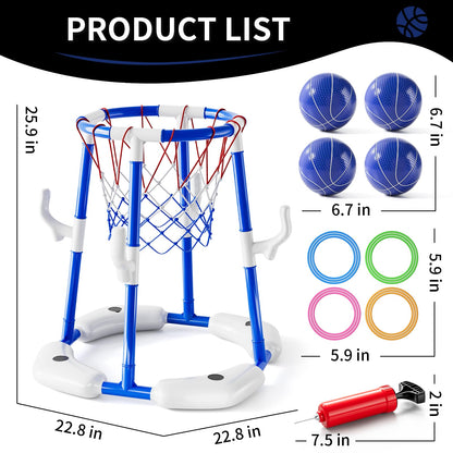 2-in-1 Pool Basketball Hoop & Ring Games with 4 Balls 12 Rings and Pump, Summer Water Outdoor Party Swimming Pool Toys Games for Kids Ages 4-8 8-12 Adult, Family Party Easter Birthday Games Toys