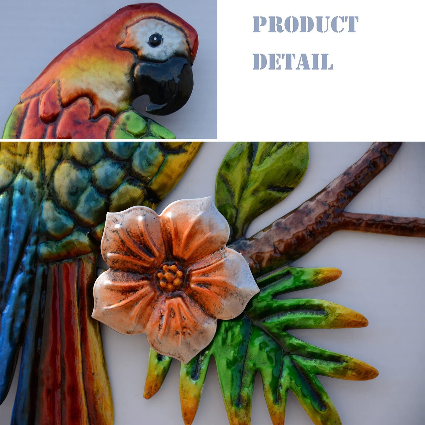 J-Fly Metal Parrot Wall Decor Tropical Outdoor Wall Decor Parrot Outdoor Wall Art Metal Bird Valentine Decor Patio Fence Garden Home Kitchen Decor 11 Inch