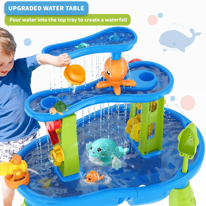 YAZ&OUZ Water Table for Toddlers 1-3, 3-Tier Kids Water Table, Water Tables for Toddlers 3-5 Features Swimming Dolphins & Crabs, Rain Showers Splash Pond, Activity Sensory Play Table for Girls Boys