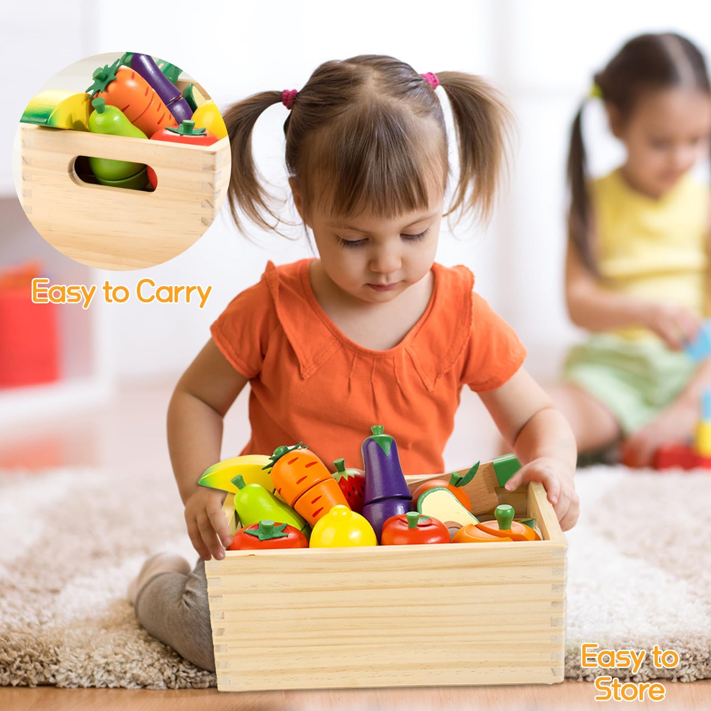 Wooden Play Food for Toddlers, Fruit and Veggies Cutting Set for Kids, Pretend Food Play Kitchen Accessories for 3 4 5 6 7 Years Old Boys & Girls