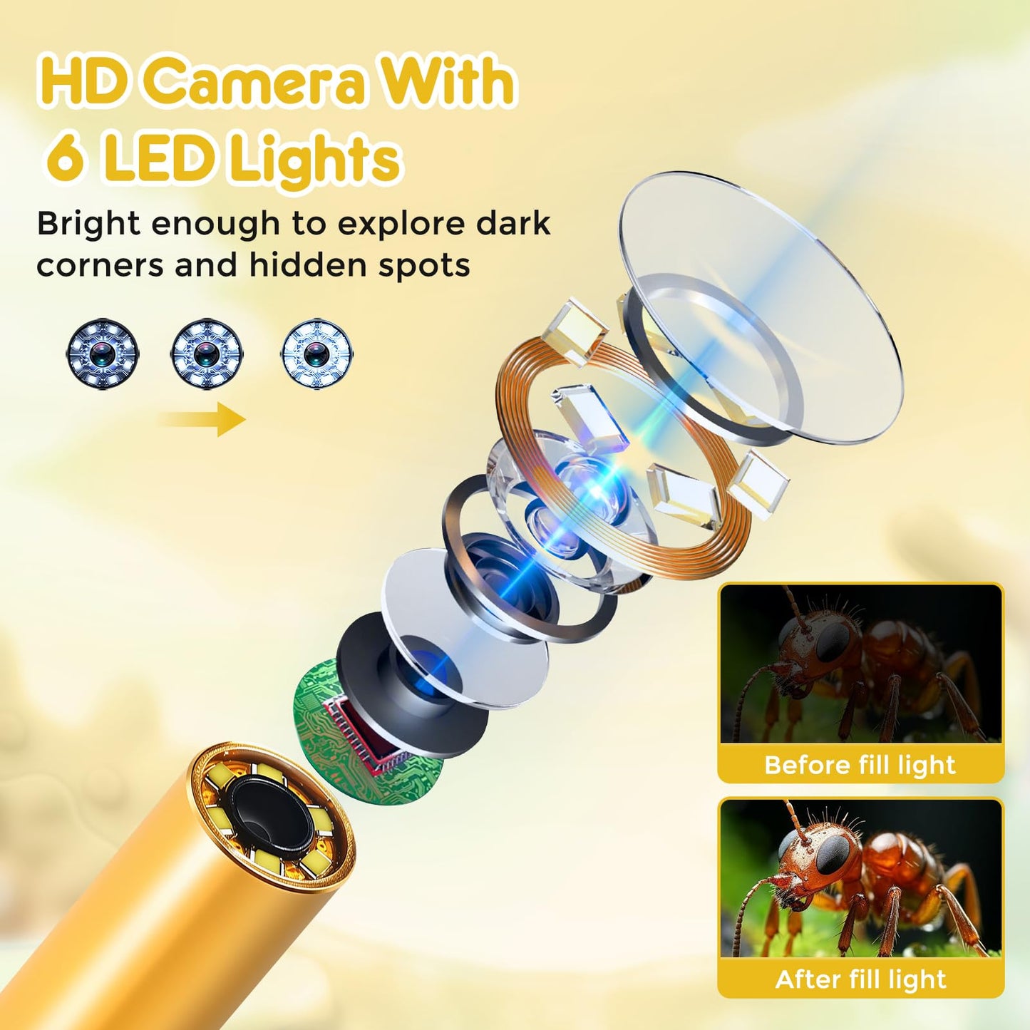Toy Borescope Camera with Ligh for Kids - Ourdoor Educational STEM Toy Gift for 4 5 6 7 8 9 10 Years Old Boys Girls Birthday, Kids Toy Camera for Outdoor Adventures & Nature Discovery (Yellow)