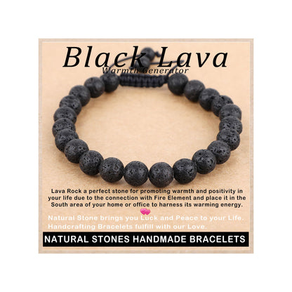 AD Beads 8mm Black Lava - Warmth Generator - Handmade Natural Stone Crystal Bracelet with Adjustable Macrame String - Yoga Healing Power Energy Gifts for Men and Women