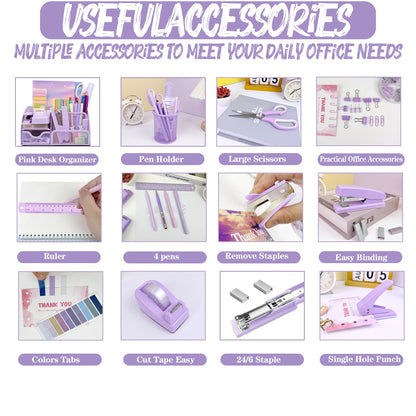 Purple Desk Accessories, 17Pcs Purple Office Supplies Set with Stapler, Mesh Desk Organizer, Tape Dispenser, Staple Remover, Pen Holder, Clips, Pens, Ruler, for Office Home School Women Students Gift