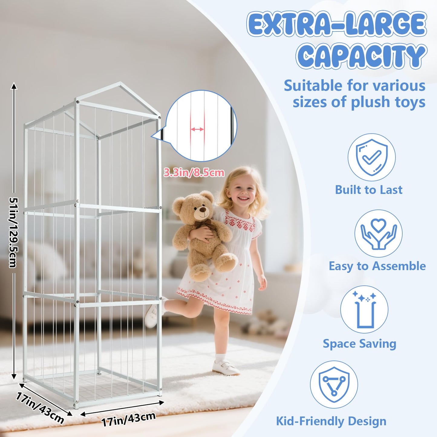 NomNest Stuffed Animal Storage Zoo, Large Carbon Steel Plushies Organizer, Heavy Duty Metal Teddy Bear Toy Holder for Kids' Bedroom & Playroom & Nursery (Non-Wheeled, White)