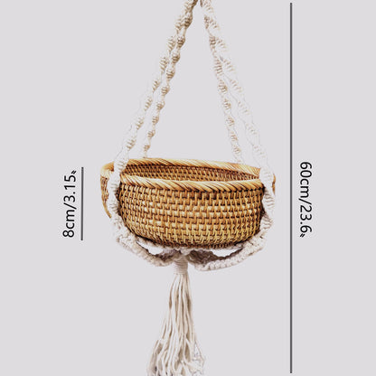 chicapica 8.7" Woven Macrame Plant Hanger & Hanging Rattan Basket - Boho Decorative Wall Basket for Indoor Plants & Dried Flowers - Handmade Wicker Storage for Farmhouse Home Decor, Living Room