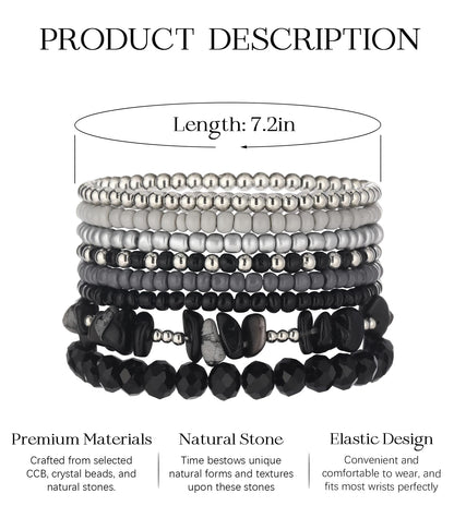 Noessla Boho Beaded Bracelets for Women Stackable Irregular Natural Stone Bead Stretch Bracelet Set 8PCS Costume Jewelry Gifts for Her(Black Grey)
