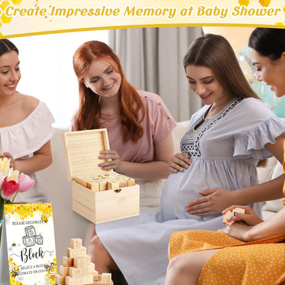 Marsui 136 Pcs Baby Shower Blocks to Decorate Game Kit Includes 98 Wooden Blocks, 36 Markers, 1 Game Sign, 1 Storage Box for Baby Shower Gender Reveal Activity Party Decorations(Bee)