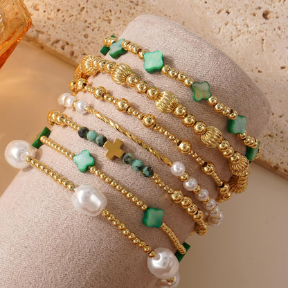 SHINUS BOHO St Patricks Day Bracelets for Women,Gold Bracelet Stack,Bohemian Green Clover Elastic Pearl Stackable Stretch Bracelet Set Fashion Festival Theme Party Saint Patricks Day Accessories Outfits Jewelry Gifts