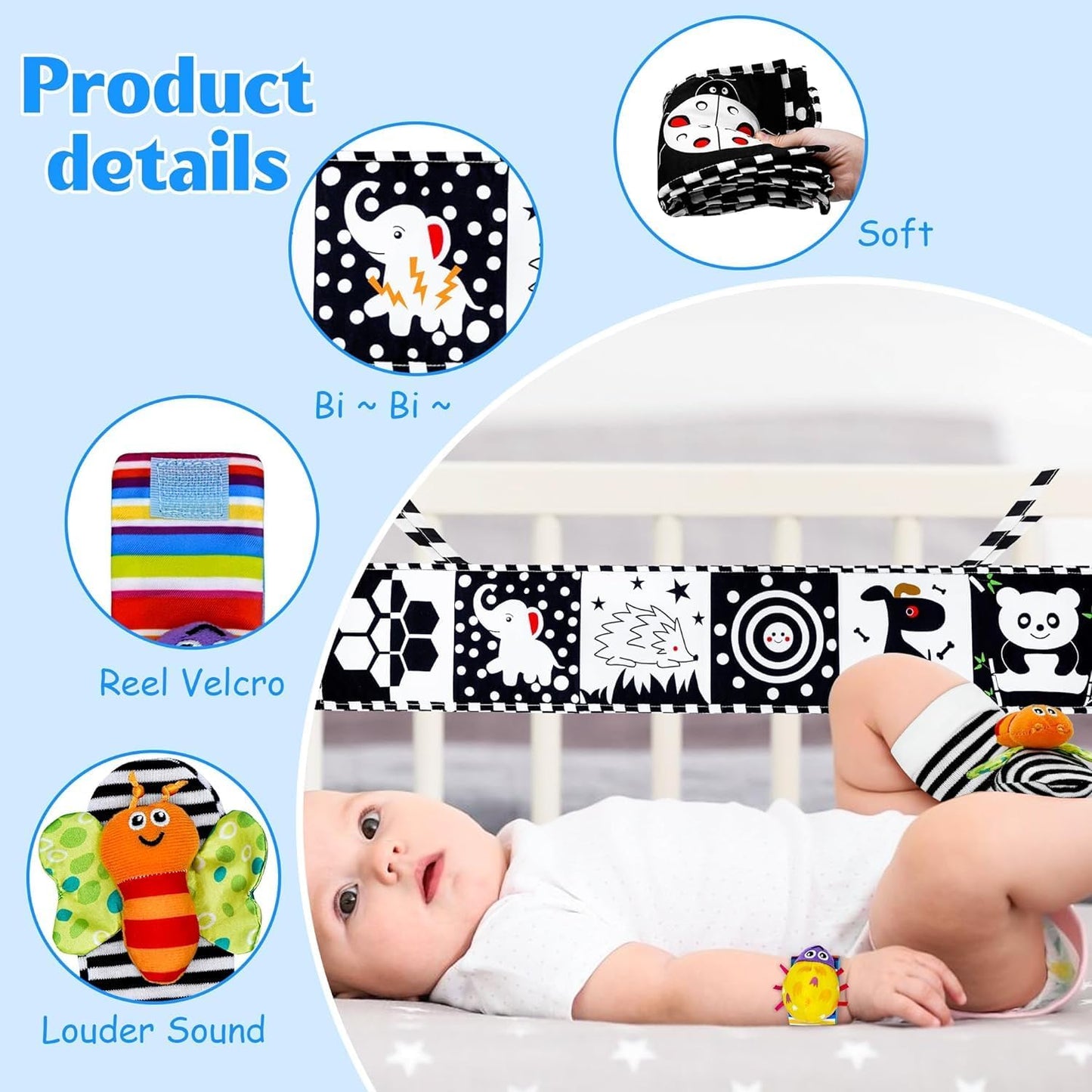 FELSOOGRE 7 Pcs Black and White High Contrast Baby Toys for Newborn, Tummy Time Toys Montessori Toy for Babies 0-6 Months, Sensory Newborn Infant Toy Soft Book for 0-3 3-6 6-12 Months Boys Girls