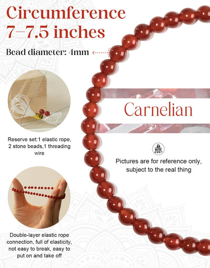 Landorilo Beaded Bracelet for Men Women, 4mm Natural Stone Carnelian Healing Crystal Stretch Bracelets, Ideal Christmas Birthday Jewelry Gifts with Energy Card，Replacement Beads Included