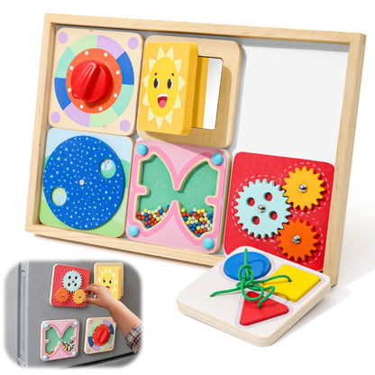 Ancaixin 6-in-1 Montessori Busy Board for 1 Year Old, Magnetic Sensory Toys for Toddler, Wooden Activity Busy Board for 12+ Months Baby, Fine Motor Skills Toys for Boys & Girls, Birthday Gifts 1 2 3