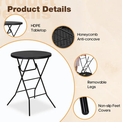 GlowitLian 32" Round Folding Table, Portable Bar Height Folding Table with Detachable Legs, Round Foldable Table with HDPE Top for Standing Parties, Balcony, Event, Indoor Outdoor Use (Black, 1 Pack)