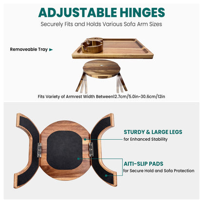 360° Detachable Rotating Acacia Wood Sofa Arm Tray Table, Serving Tray Clip On Couch Armrest Table with Cup Holder & Phone Stand, TV Dinner Tray for Eating on Sofa, TV Trays Fits for Small Spaces