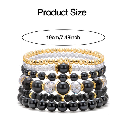 Raicegs 6PCS Beaded Bracelet 14K Gold Pearl Stretch Bracelet Stackable Crystal Beads Bracelets Boho Trendy Jewelry Gift for Women