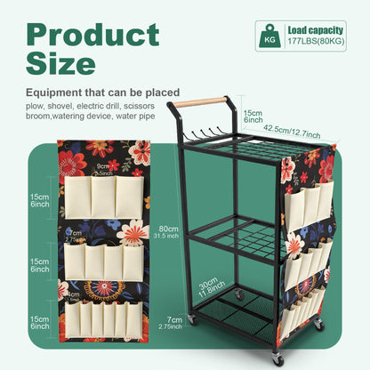 Garden Tool Organizer with Wheels & Storage Bag, 40 Inch Rolling Mobile Cart, 6-Hook Metal Storage Rack with Mesh Panel for Garage Shed Patio Organization, Black