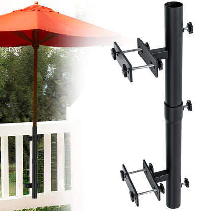 Heavy-Duty Patio Umbrella Holder for Deck Railing - Stainless Steel Windproof Outdoor Patio Umbrella Base and Mount Brackets Attachable to Railing, Fits Pole ≤1.6'' & Post <3.3" - Space Saving, Black