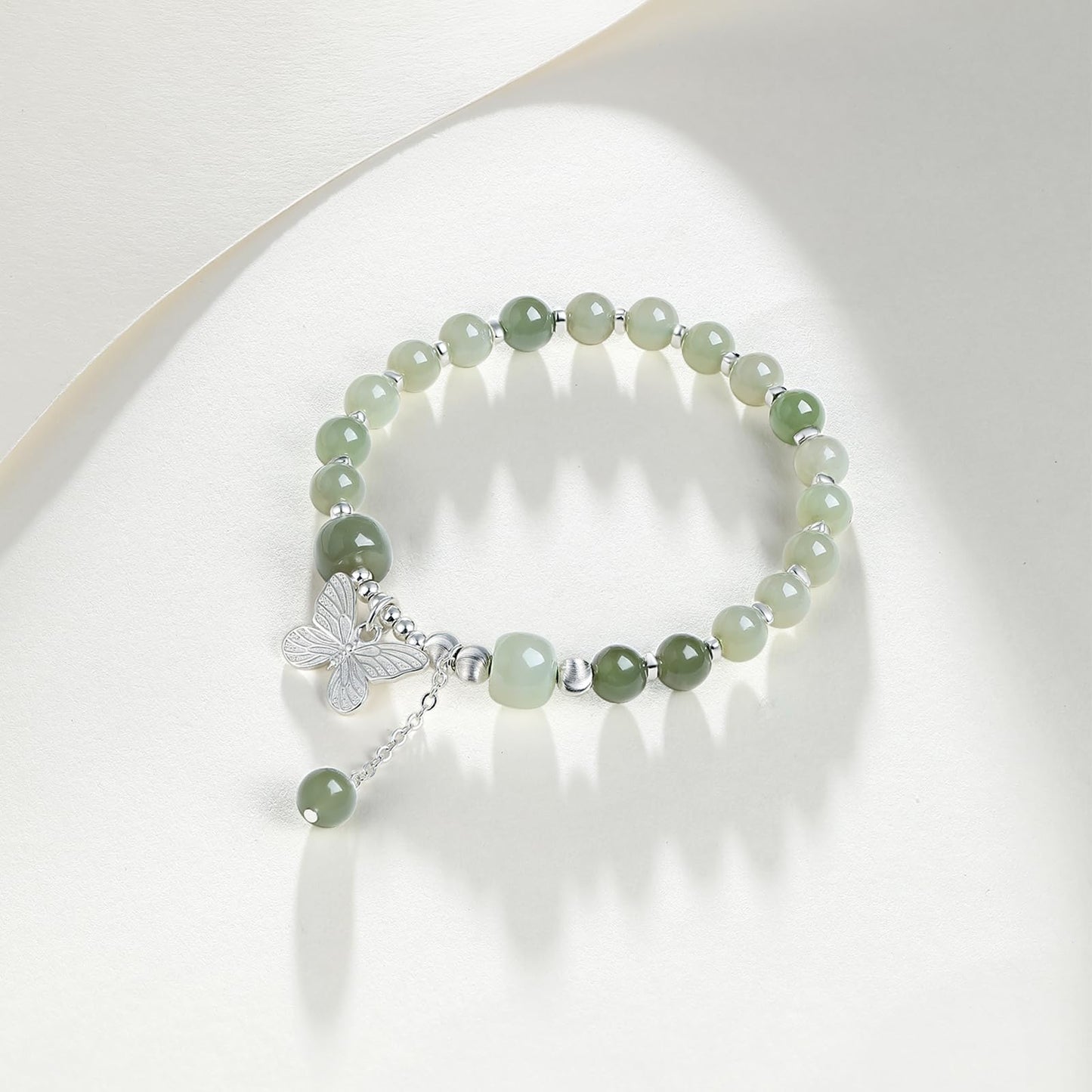 ZHOU LIU FU Sterling Silver Jasper Beaded Bracelets for Women S925 Silver Green Gemstone Bead Butterfly Stretch Bracelet Mom Birthday