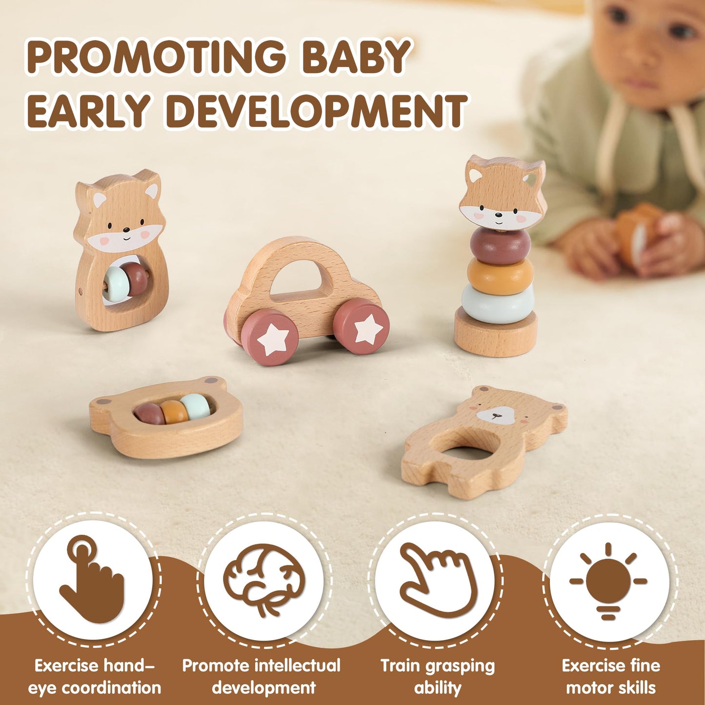 Freniland Wooden Montessori Toys, 5-Piece Wooden Baby Toys, Bear Baby Rattle, Fox Stacking Ring, Car Push and Pull Toys, Bear Grasping Toys,Newborn Baby Gift Sets for Boys and Girls