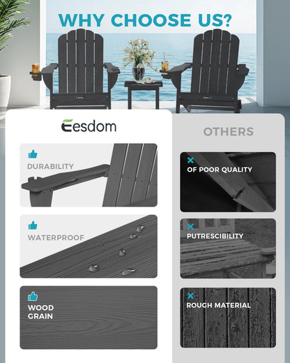 Eesdom Folding Adirondack Chair, HDPE Adirondack Chair with 2 Cup-Holders, Outdoor Chairs for Poolside, Garden, Patio, Grey