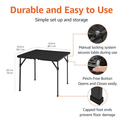 Amazon Basics 34 inch Portable Sturdy Folding Dining Table with Carrying Handle, Space Saving Storage, Square, 33.9 x 29.1 x 33.9 inch, Black