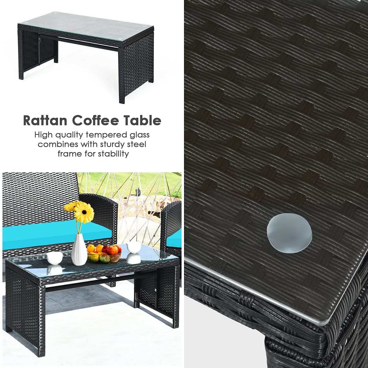 Tangkula 4 Pieces Patio Wicker Conversation Furniture Set, Patiojoy Sofa & Table Set w/4 Seats, Outdoor Rattan Sofa Set for Balcony Backyard, Wicker Chair Set with Tempered Glass Coffee Table