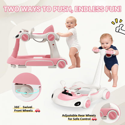 HAWEEK Baby Walker with Wheels, 7-in-1 Foldable Baby Walkers for Boys Girls 6-12 Months with Feeding Tray & Music, Lights,Rocker,Sun Canopy, Bouncing Pedal, Adjustable Wheel Speed, Push Walker (Pink)