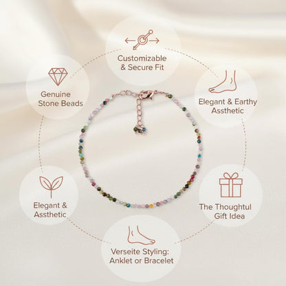 NJCRAFT Tourmaline Bracelet for Women | Natural Multicolor Gemstone Micro Bead Bracelet (11–13 Carat) | Rose Gold Plated Adjustable Chain 7+1 Inch | Handmade Minimalist Jewelry Gift
