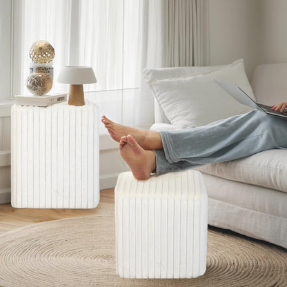 YDcosyfy Modern Square Ottoman, Vertical Channel Tufted Foot Stool Ottoman, Velvet Upholstered Vanity Stool for Makeup, Bedroom, Living Room, White