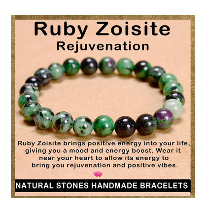 AD Beads Handmade Gemstone Stretch Elastic Bracelet Crystal Healing Reiki Nature's Beauty and Spiritual Essence Unisex (8mm, Ruby Zoisite (Rejuvenation))