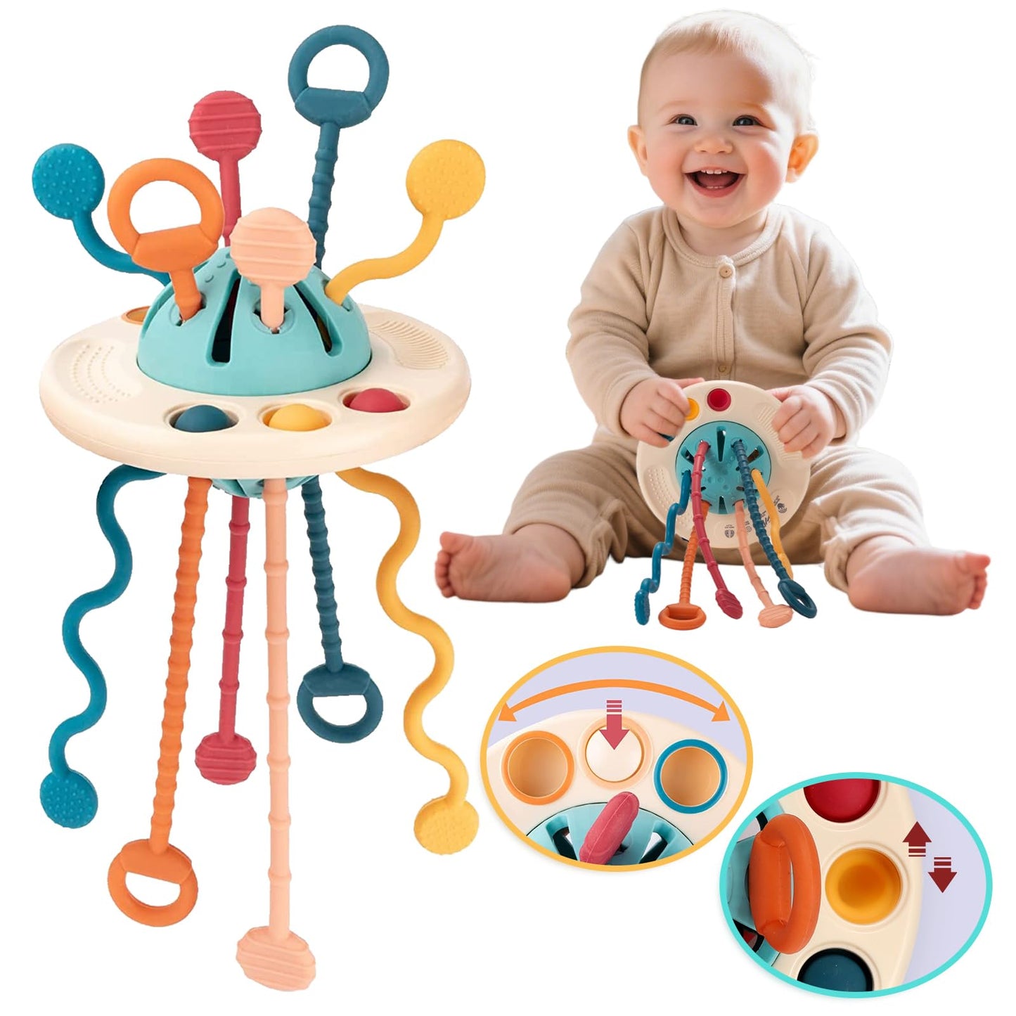 woollywink Baby Toys for 1 Year Old, Montessori Toys Hanging in Stroller, Sensory Toy for Todders 12-18 Months+, UFO Pulling Educational Game for Developing Motor Skills Gift for Boys& Girls