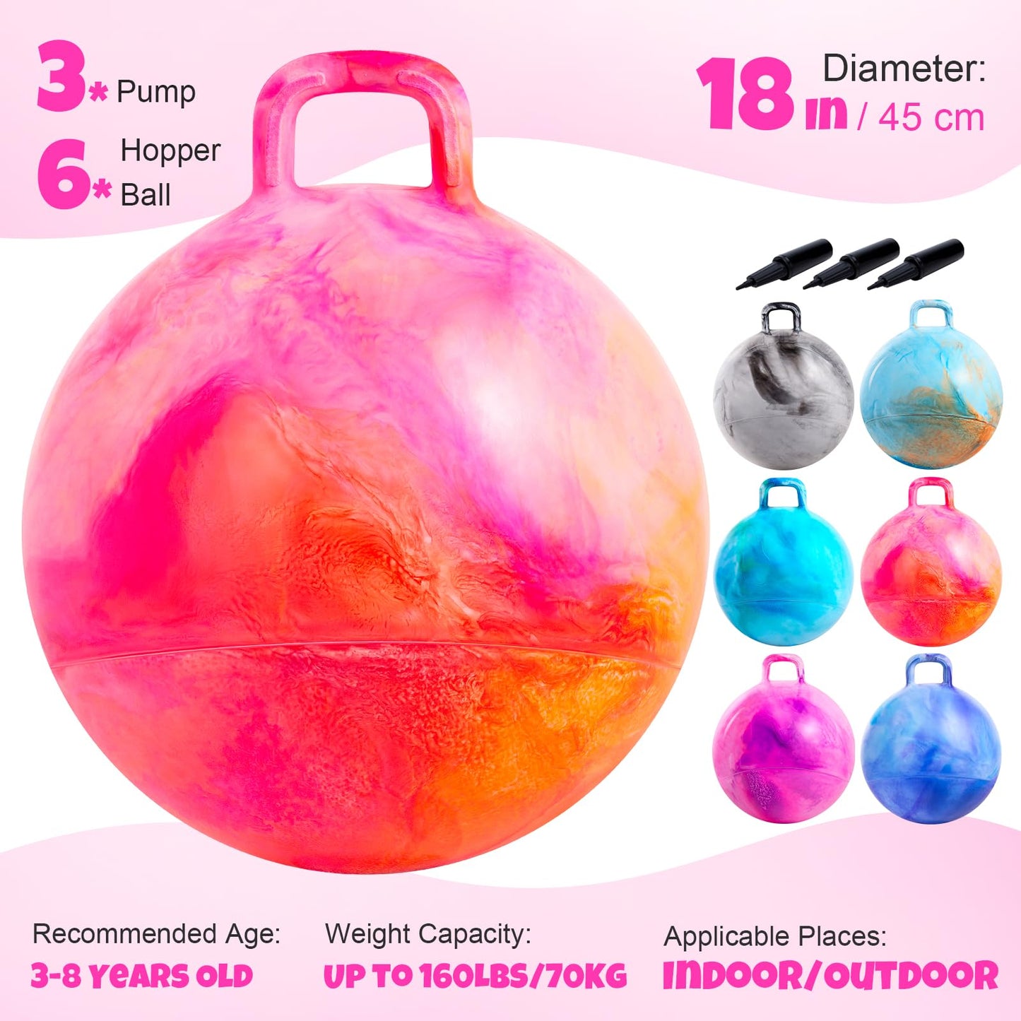 Upper Rider 6 Pcs Hopper Ball for Kids 3-8, 18 Inch Bouncy Ball with Handle, Inflatable Hippity Hop Bounce Jumping Hopping Toys Indoor Outdoor for Toddlers Boys Girls Gifts, Pink Blue Grey Purple