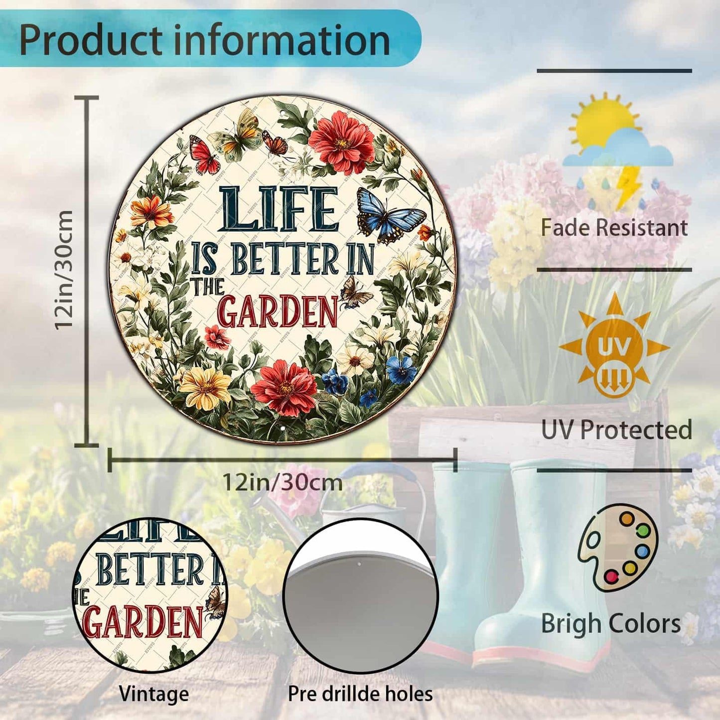 KIYOYO Funny Garden Sign Life Is Better In The Garden Wall Decor Home Patio Backyard Patio Porch Bathroom Bedroom Coffee Office Decor Round Sign 12x12 Inch