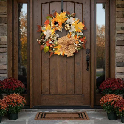 FGDECORJOIE Fall Door Wreath with Sunflowers with BO 35 Warm White Light, Gold Pumpkins, Autumn Leaves, Plaid Bow, 20 inches for Fall Christmas Festival