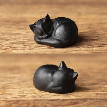OwMell Tiny Sleeping Cat Statue Hand-Carved Healing Stone Gemstone Little Kitten Statue Figurine 2" - Black Obsidian Small