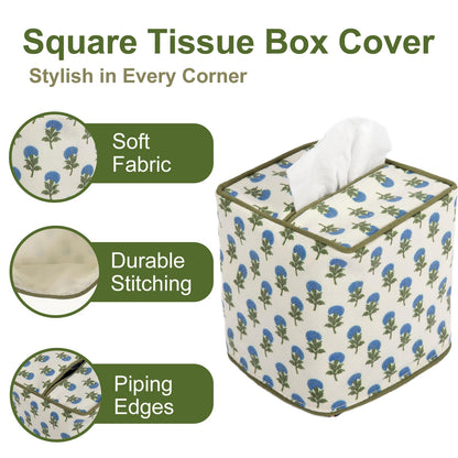3Pcs Blue Flower Cotton Tissue Box Cover Hand Block Printed 5" x 5" x 5.5" Square Soft Reusable Floral Napkin Holder for Home Kitchen Dining Bathroom Office Cafe (Blue)