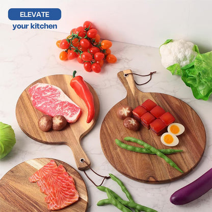 Garaten Round Acacia Wood Cutting Board with Handle - 12 Inch Wooden Charcuterie Board and Serving Platter - 0.7" Thick Acacia Wood Chopping Board for Kitchen with Leather Strap