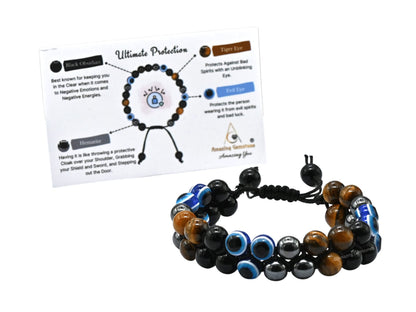 Amazing Gemstone Evil Eye Ultimate Protection Bracelet - Multi Triple Protection Bracelet unisex - Hematite, Tiger Eye, Black Obsidian Bracelet Set Healing Stones Pulseras Para Hombres Mujer