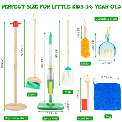 Wooden Kids Cleaning Set with Spray Mop, Montessori Cleaning Toys Real Water Sprayer and Toddler Broom Mop Set, Housework Pretend Play Toy Gift for Boys Girls Ages 3+