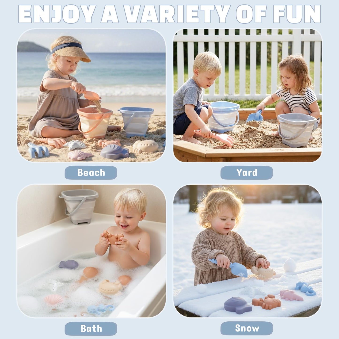 Dreamon 3 Pack Beach Toys Set for Kids 3-10, Collapsible Sand Buckets with Beach Molds and Mesh Bag, Sandbox Travel Toys Beach Vacation Essentials, Camping Gear, Fishing (Blue/Grey/Orange)