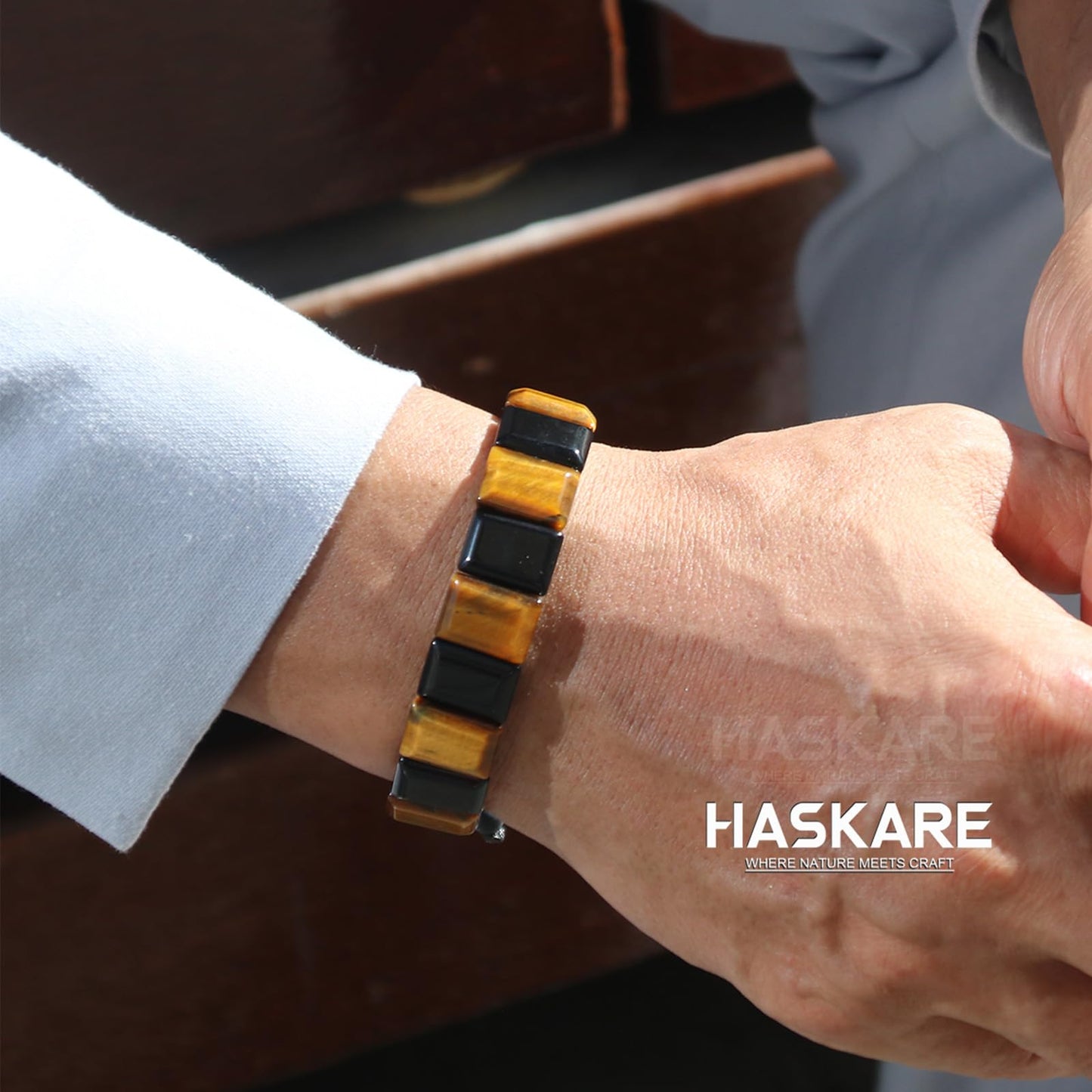 HASKARE Natural Stone Beads Men Bracelet Energy Flatbead Bracelet Genuine Tiger Eye Black Obsidian Beaded Crystals Handcrafted Adjustable Protection Jewelry for Dad Brother Husband