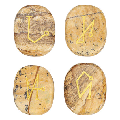 MECCANIXITY 4Pcs Engraved Chakra Stones with Reiki Symbols, Landscape Jasper Reiki Healing Crystal Gemstone 7 Chakra Crystal Stones Tumbled Palm Stone for Anxiety Relieve