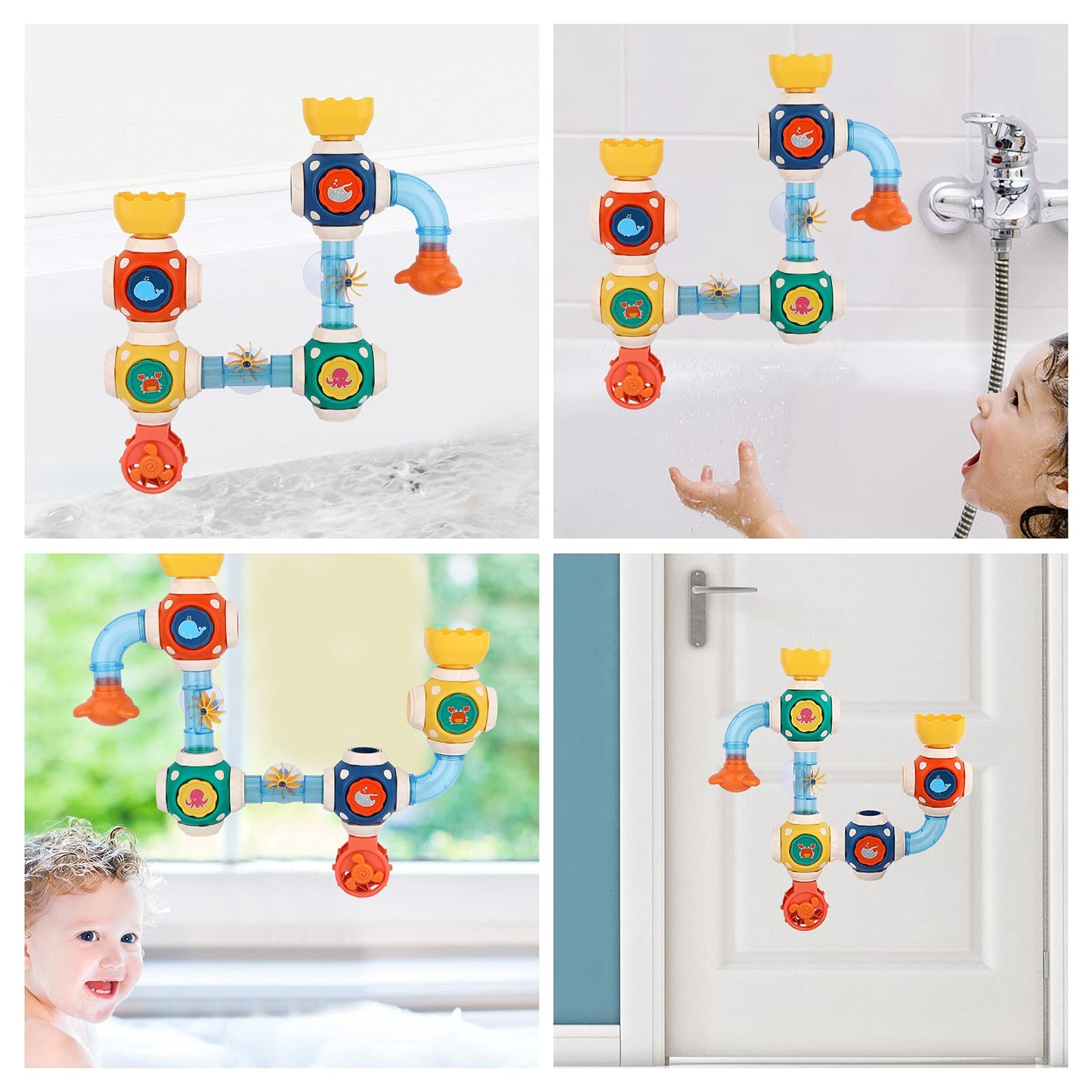 ZWYOIUG Bath Toys, STEM Baby Bathtub Toy with DIY Pipe Tubes, Cubes,Spoon, Lovely Cute Bathroom Time Spray Waterfall Shower Toy, Suitable for Toddlers Boys Girls 3 Years and up