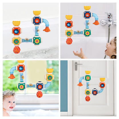 ZWYOIUG Bath Toys, STEM Baby Bathtub Toy with DIY Pipe Tubes, Cubes,Spoon, Lovely Cute Bathroom Time Spray Waterfall Shower Toy, Suitable for Toddlers Boys Girls 3 Years and up