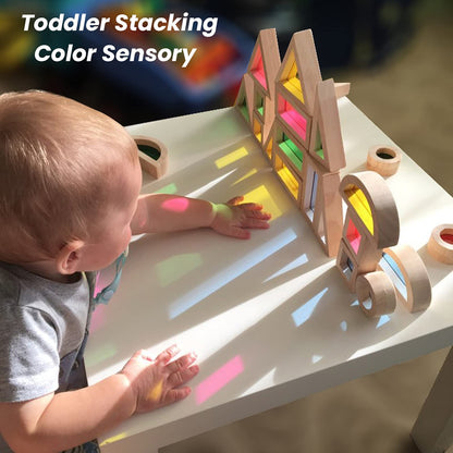 BOHS Rainbow Sensory Blocks (24 pcs) - Wooden Toys for Toddler Gift- Play on Light Table/Sunny Window