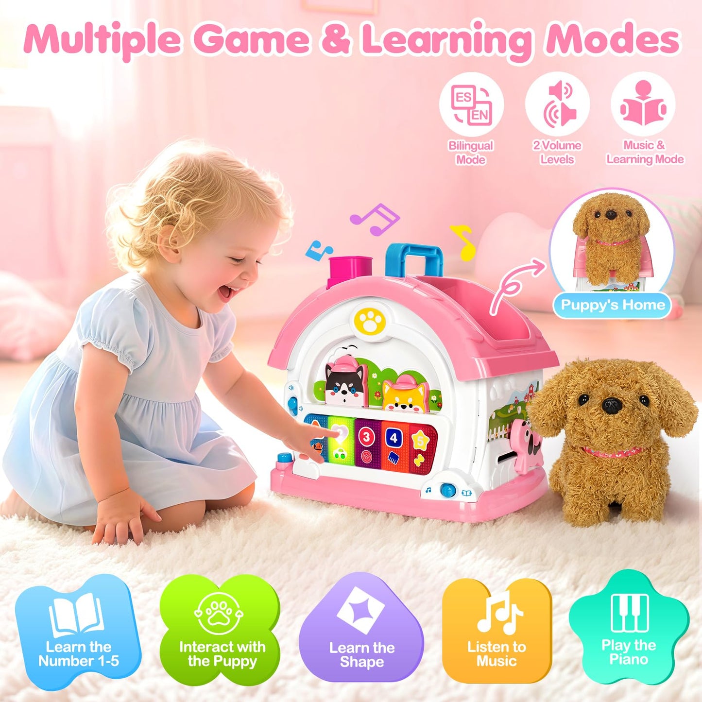 Ellinjan Montessori Toys for 1 2 3 Year Old Girl Gifts, Baby Musical Toys 12 18+ Months, 10 in 1 Bilingual Learning Toy with Sound Light, Cute Toy with Plush Puppy, First Birthday for Toddlers