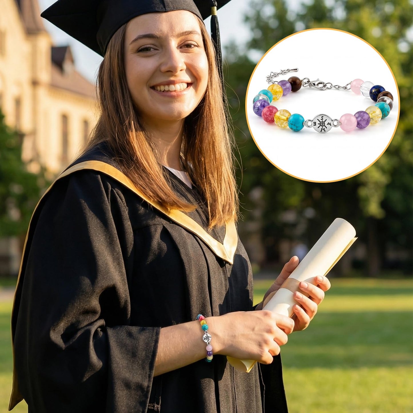 2026 Graduation Bracelet Gift Set for Her Him, 7 Chakra Bracelet & Matte Natural Stone Beaded Bracelet with Compass, Graduation Keychain, Inspirational Card & Gift Box for Middle High School Colle (Vibrant Chakra)