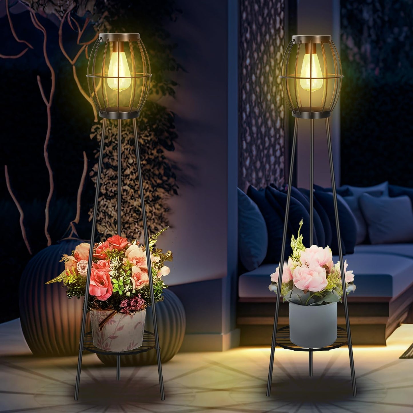 FQIIL 2 Pack Solar Lights Outdoor with Plant Stands, Solar Floor Lamp, Solar Powered Street Light Metal Tripod Deck Lights, Patio Decor for Garden Yard Pathway Driveway Porch