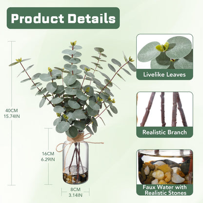 LILUYTO 15.74” Artificial Eucalyptus Stems in Glass Vase with Faux Water & Natural Stones, Lifelike Fake Greenery for Modern Farmhouse Home Decor, Bathroom Decor, Office Desk Centerpiece